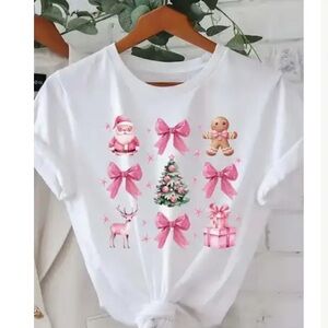 Festive White T-Shirt with Pink Christmas Graphics Size XL
